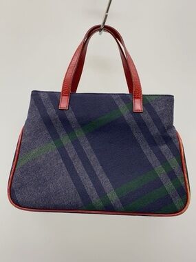 Ralph Lauren Navy Plaid Top-Handle Tote with Red Trim and Long Strap
